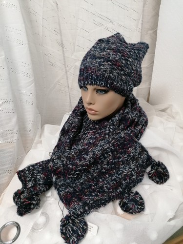 Mütze Schal Bommel 2-tlg. Set schwarz meliert Strickmütze + Strickschal Neu - Bild 3 von 12