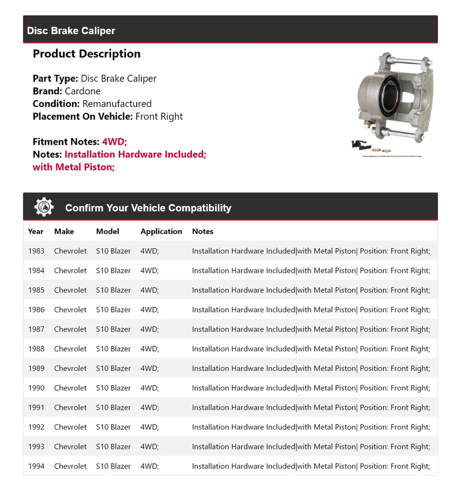For 1983-1994 Chevrolet S10 Blazer 4WD Disc Brake Caliper Front Right Cardone - Image 2 of 4