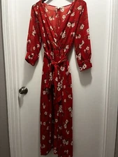 Indigo Rose Maxi Dress Polyester Floral Print V-Neck Long Sleeves Red Size PL