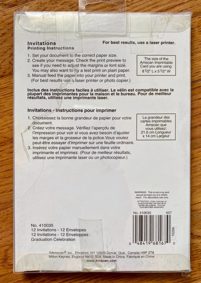 Graduation Party Printable 12 Invitation & Envelopes Amscan Notes Stationery New - Image 2 of 2