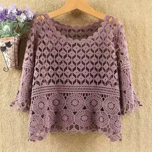 Women's Crochet Crop Top Hollow Pullover Summer concealer- - Bild 11 von 35