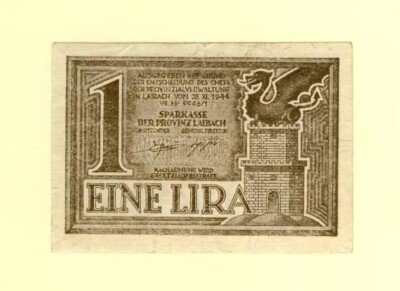 SLOVENIA LAIBACH YUGOSLAVIA 1 LIRA 1944 P-R2 F++ VERY RARE