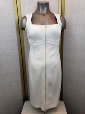 Calvin Klein White Dress Sz 8 Bodycon Sheath Gold Metal Zip Up Cross Strap 