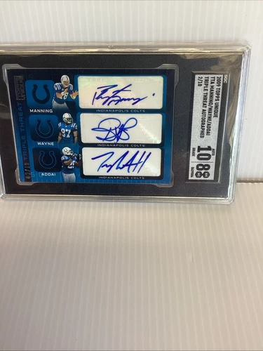 2009 Topps Unique Peyton Manning /10 Triple Threat Auto Reggie Wayne Addai SGC 8