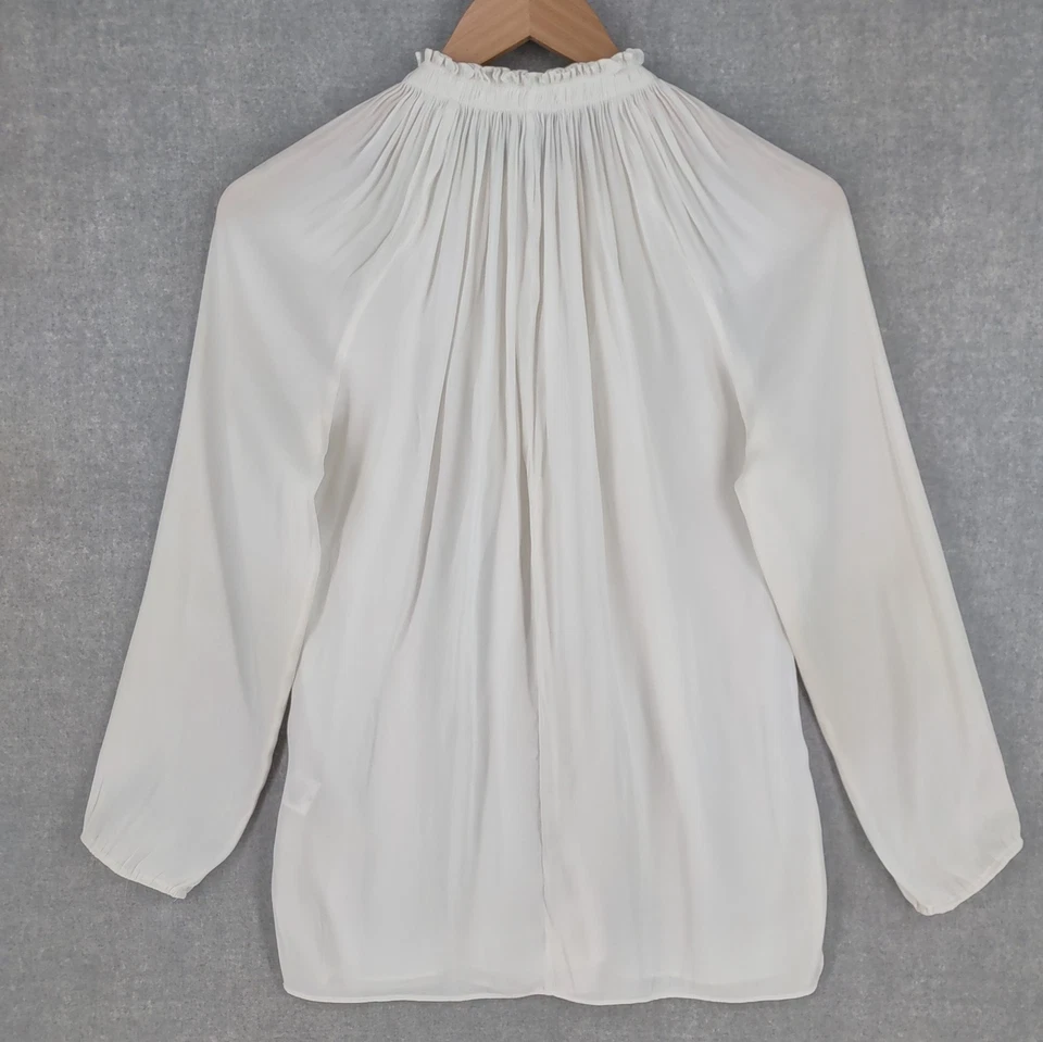 Blusa vintage Halston Heritage pequeña blanca manga larga cuello con volantes ojo de cerradura Foto 2 de 4