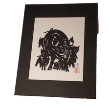 Hou-tien Cheng Master Chinese Paper Cutter Pig Mommy Piglet  Signed Matted 11x14