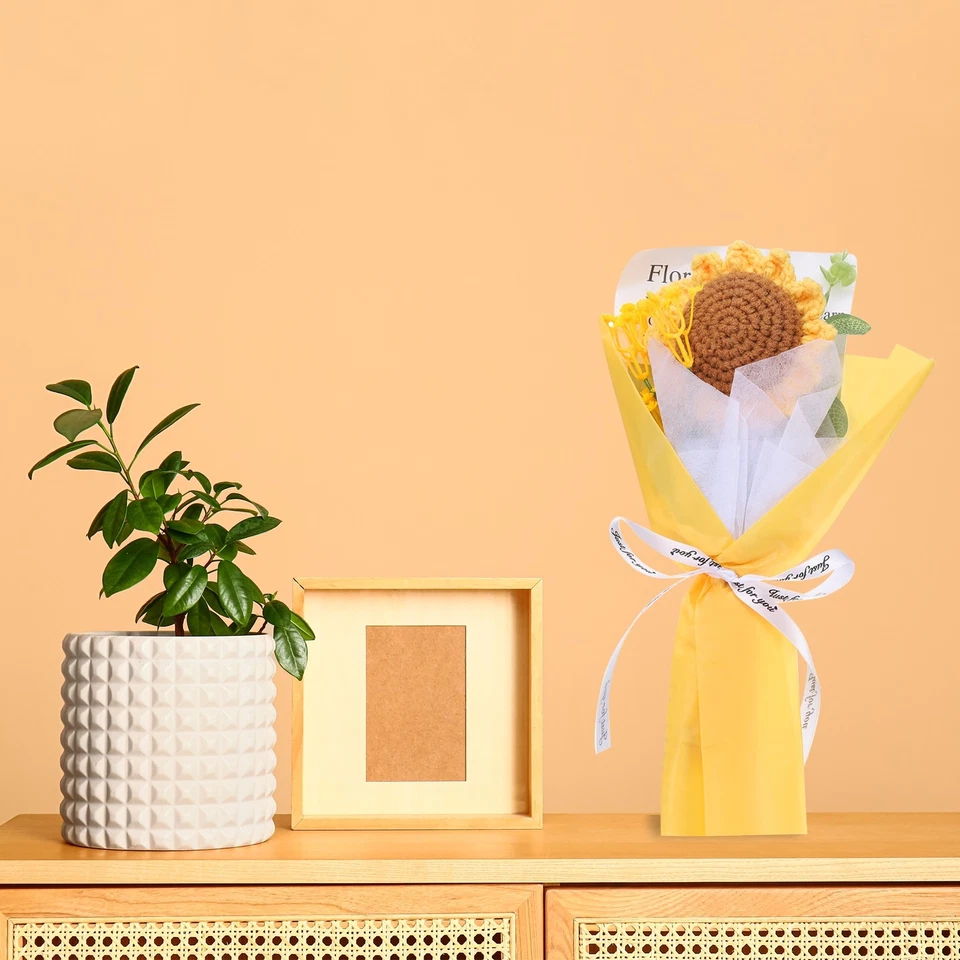 Buquê de flores de crochê feito à mão buquê artificial amarelo girassol - Imagem 4 de 4