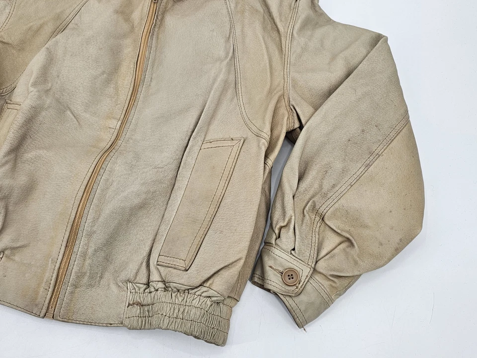 RARE VTG Marigot Leather Aviator Jacket Fur Size Small Beige MADE IN YUGOSLAVIA - Image 3 of 4