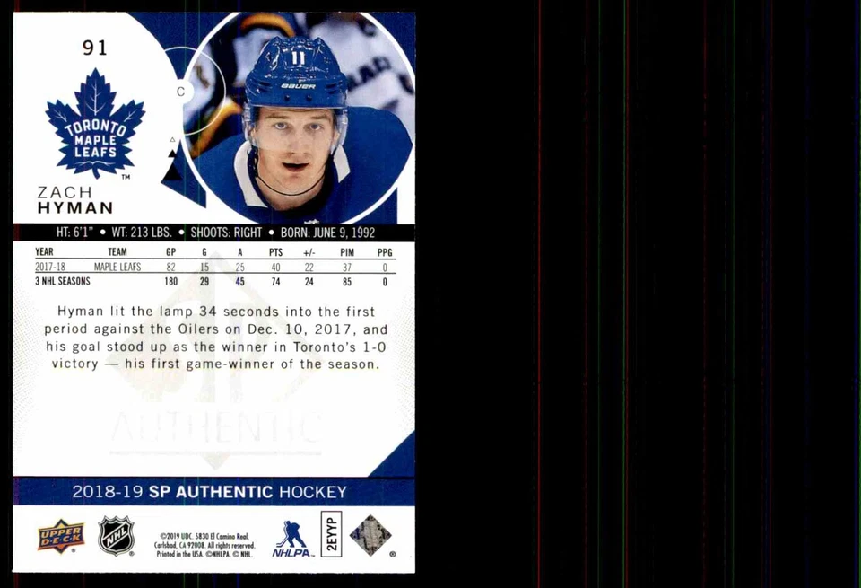 2018-19 SP Authentic Zach Hyman #91 - Image 2 of 2