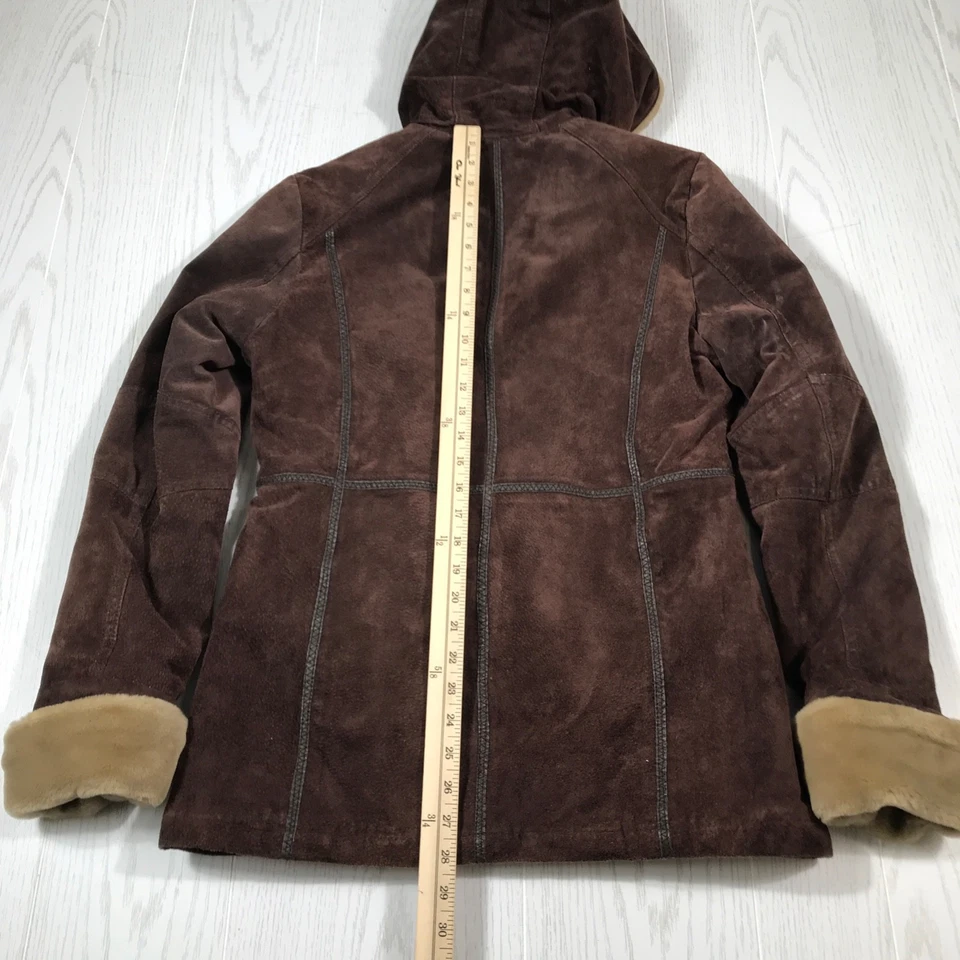 Wilsons Suede Leather Coat Jacket M Brown Hooded Shearling Sherpa Lined Zip Up - Image 3 of 4