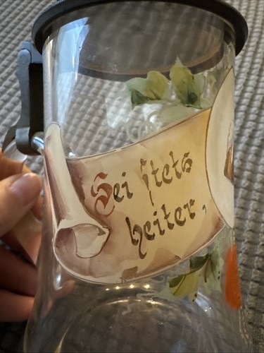 Antique Glass Beer Stein - Enamel Artwork - .3 L - Hand Blown - Picture 2 of 10