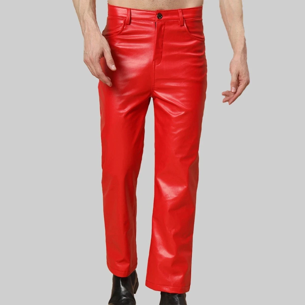 Men's Casual Red 100% Lambskin Leather Pant Straight Leg Slim Fit Biker Le