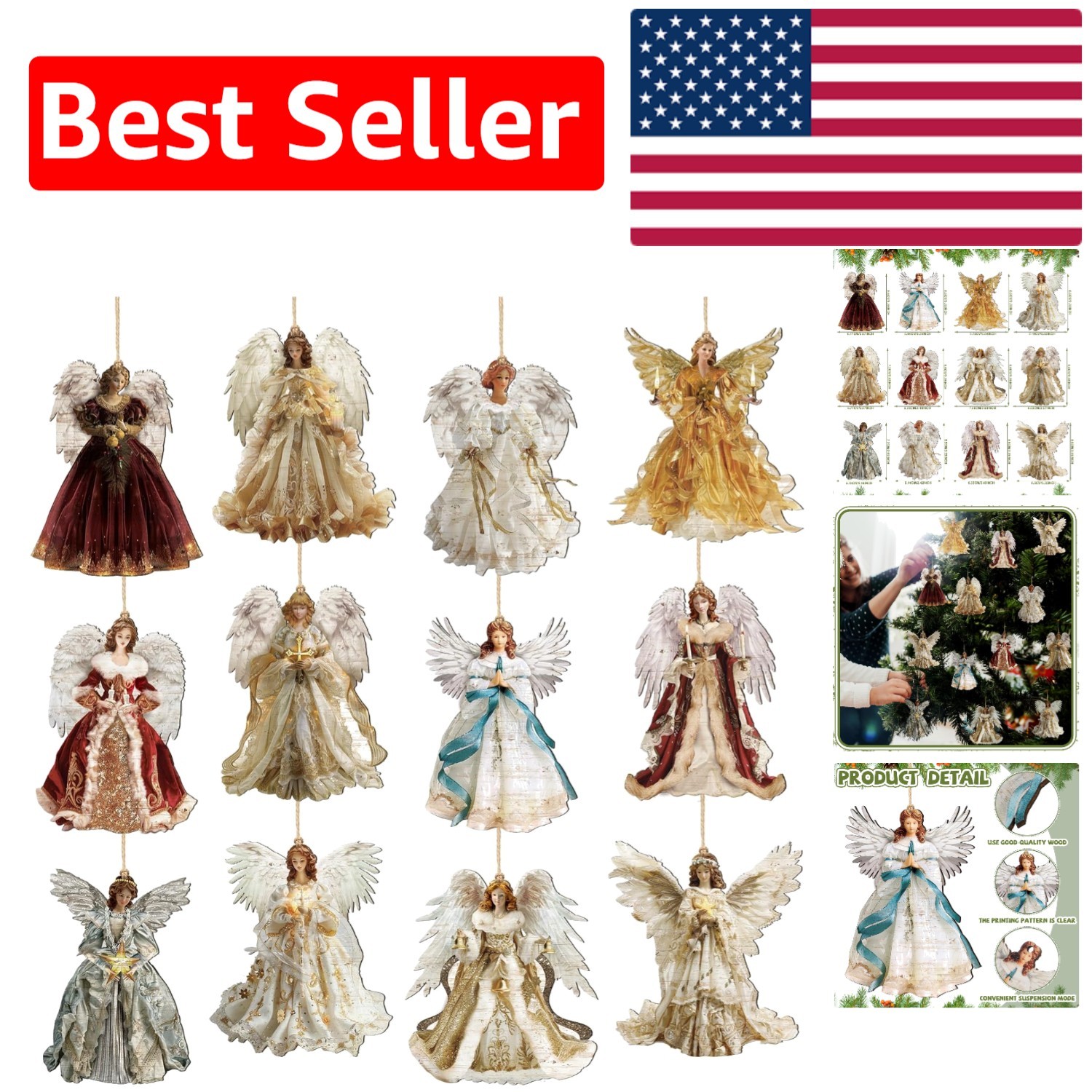 Elegant 12-Pc Wooden Angel Christmas Ornaments for Charming Holiday Decor
