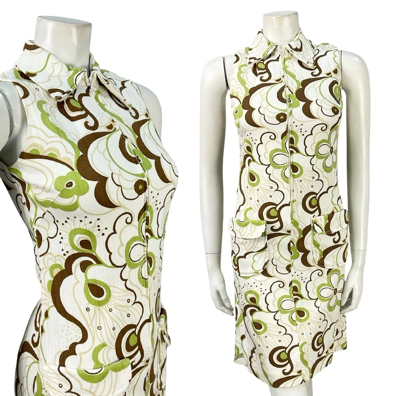 VTG 60S 70S WHITE BROWN GREEN PSYCHEDELIC FLORAL ZIP UP SHIRT MIDI DRESS 6 XS