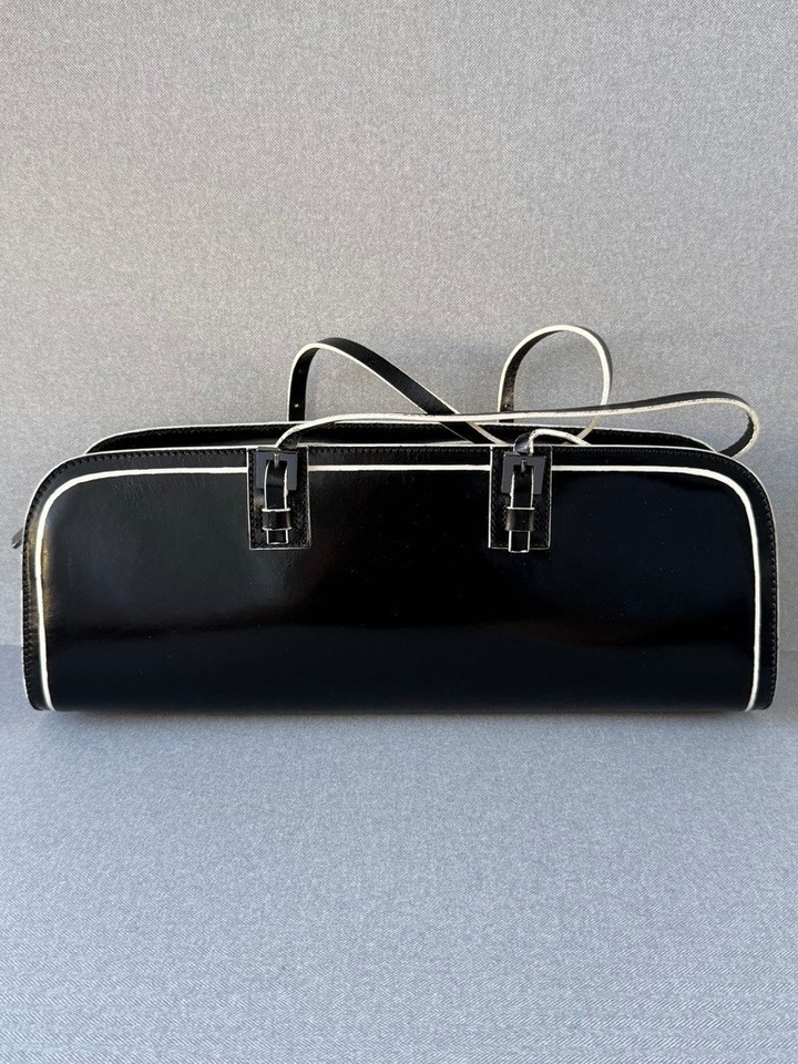 Fendi Vintage Bauletto Black Patent Leather Boston Bag White Trim Italy 8BL006