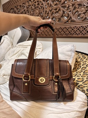 vintage Coach Hamptons brown signature embossed leather satchel W/ Turn Lock