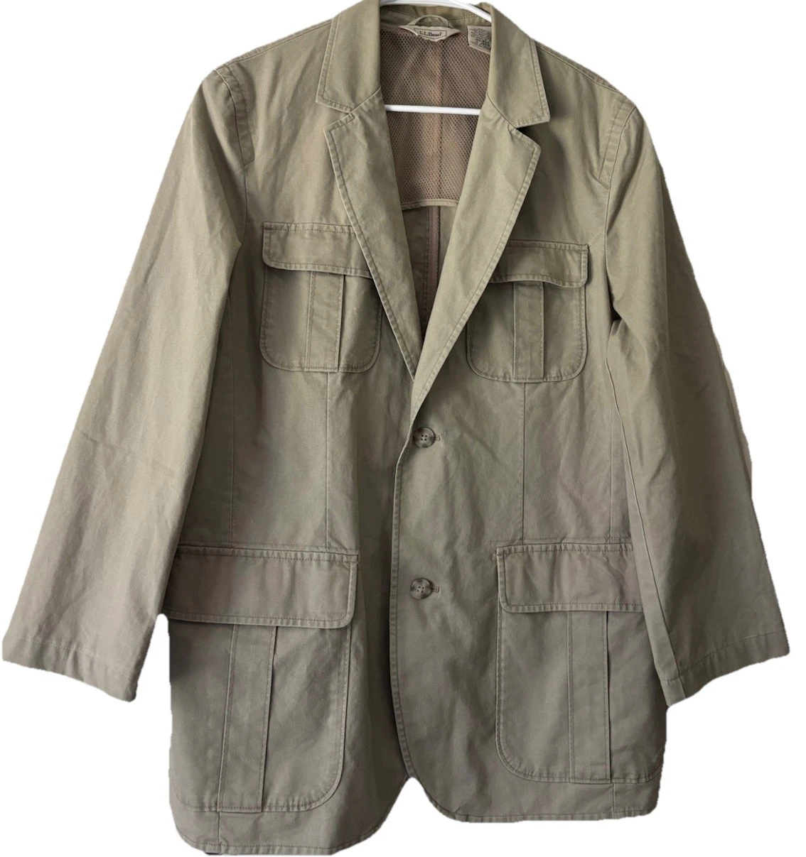 LL Bean Travel Safari Field Blazer 100% Cotton Elbow Patches 40R Tan *Spot