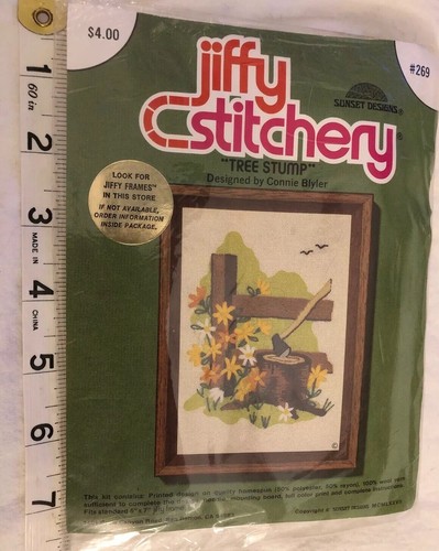 Sunset Jiffy Stitchery Crewel Stickpackung @1977 "BAUMSTUMPF" Neu in Verpackung - Bild 2 von 7