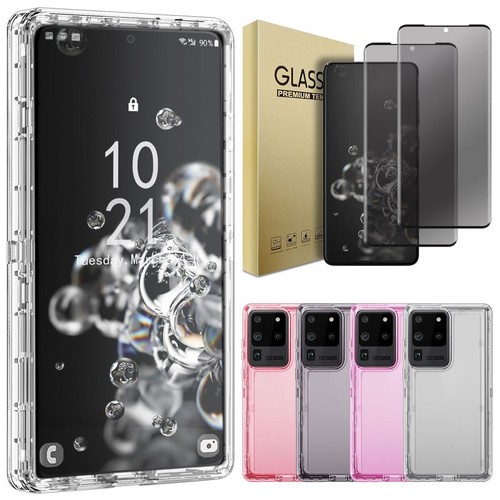 For Samsung S20+ S20 Ultra 5G Heavy Duty Clear Case Cover Privacy Tempered Glass