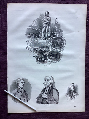 Robert Burns, Edmund Burke, John Wesley, E. Gibbon, antiker Kupferstich, Original