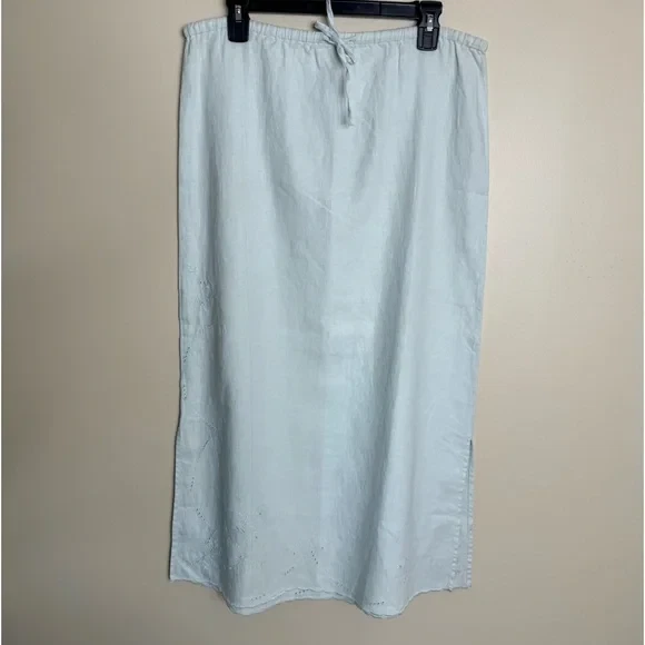 J. Jill Linen Pastel Green Midi Skirt Embroidered Side Slit Drawstring Medium