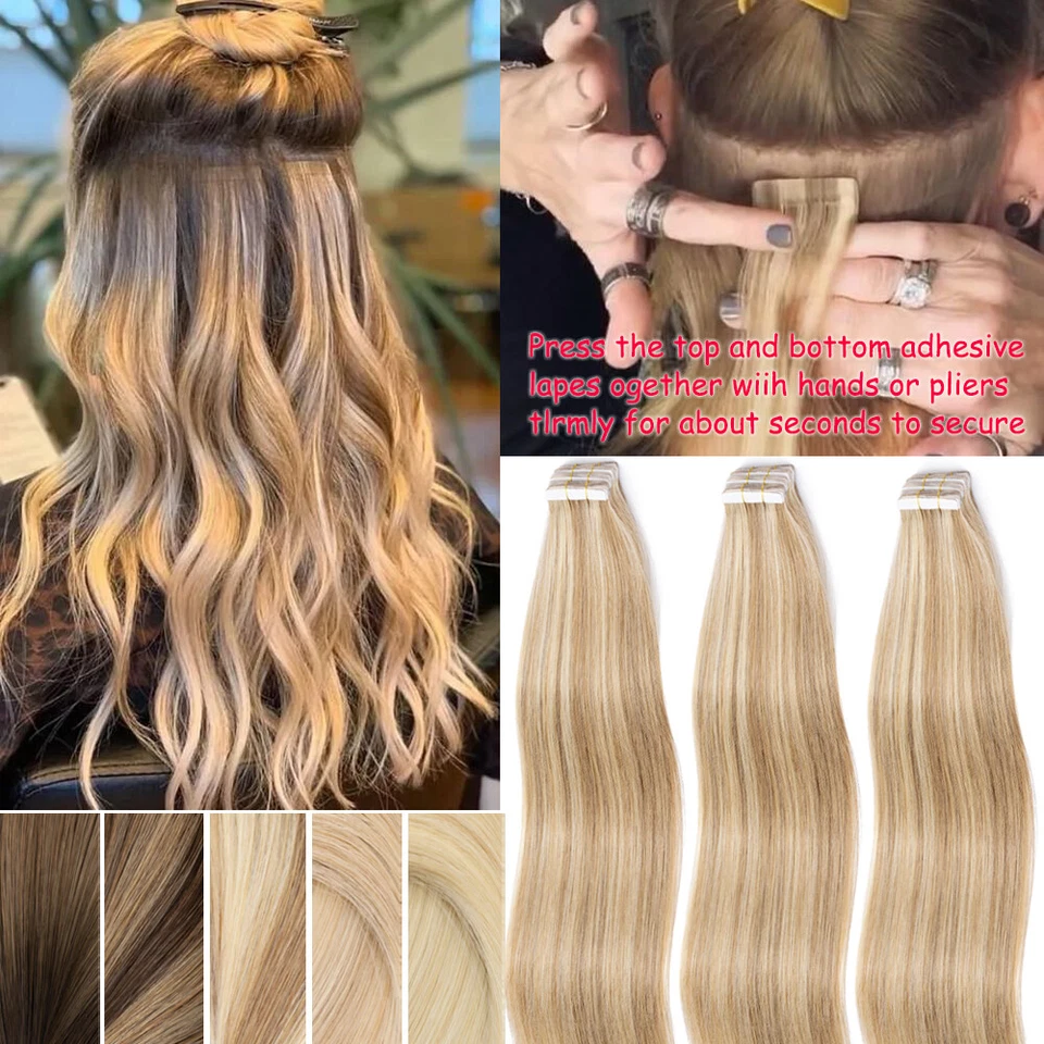 THICK 60PCS-150G Tape in 100% Real Remy Human Hair Extensions Skin Weft BLONDE L - Image 4 of 4