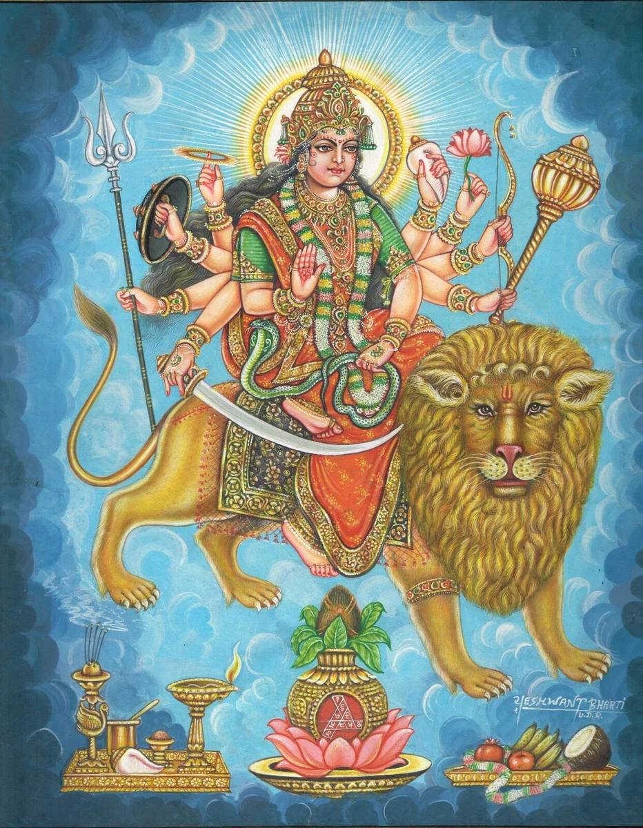 Goddess Durga Painting Hand Miniature Hindu Religious Vintage Art 14x17.5 Inches
