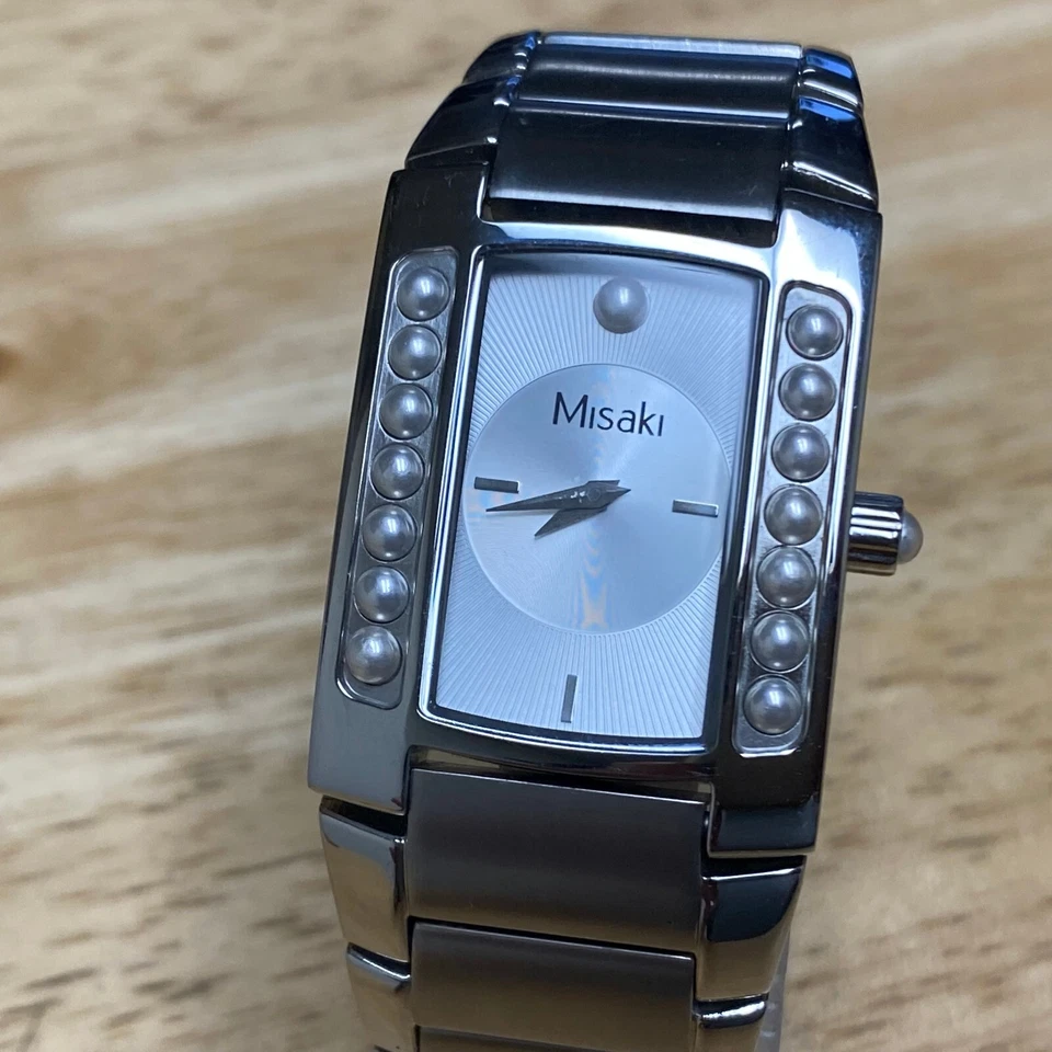 Reloj de cuarzo analógico rectangular de acero plateado perlas imitación 30 m Misaki para hombre ~ batería nueva Foto 2 de 4
