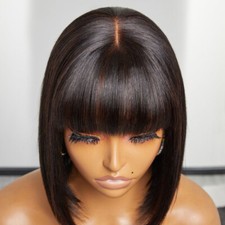 Straight Human Hair Bob Wig With Bangs for Black Women Glueless 2x1 Lace Part