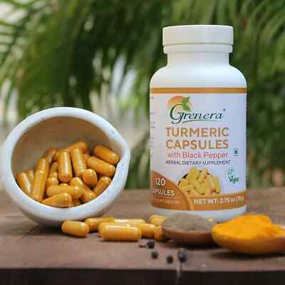 Grenera Turmeric Capsules (Haldi with Black Pepper) 650 mg 120 Veg Caps.