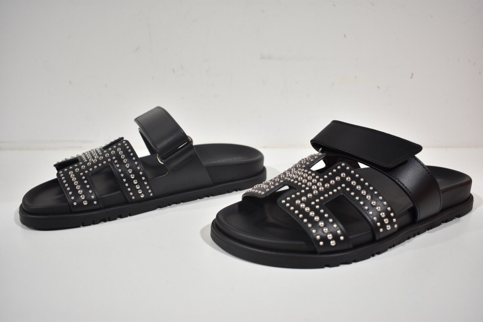 Hermes Chypre Sandal Black Silver Studded Stud H Logo Slide Slip On Flat 37.5 image 9