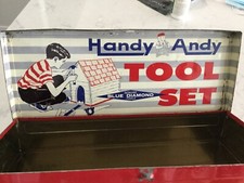 VINTAGE HANDY ANDY BLUE DIAMOND TOOL SET. TIN BOX ONLY.