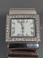 Charming Charlie White Dial Crystal Accent Silver Tone Case Hinge Bracelet Watch