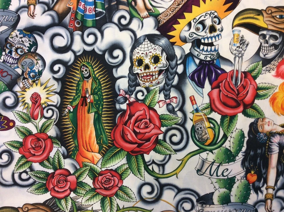 AH133 Contigo Day of the Dead Mexico Guadalupe Skull Aztec Cotton Quilt Fabric - Image 2 of 3