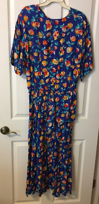 MS CLAUS beautiful blue with floral pattern short sleeve long rayon dress  16 | eBay