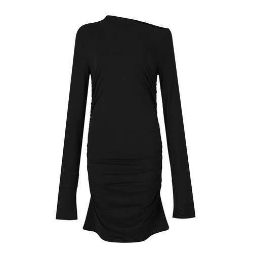 Fashion Womens Casual Solid Color Sexy Pleated Long-Sleeved O-Neck Hip Dress - Picture 4 of 25