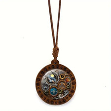 Boho Steampunk Mechanical Gear Pattern Wooden Pendant Necklace