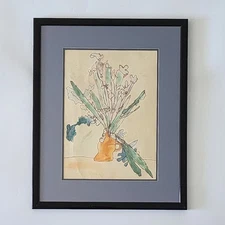 Original Mid-Century Modern Abstract Floral Watercolor Ink Painting Framed Art