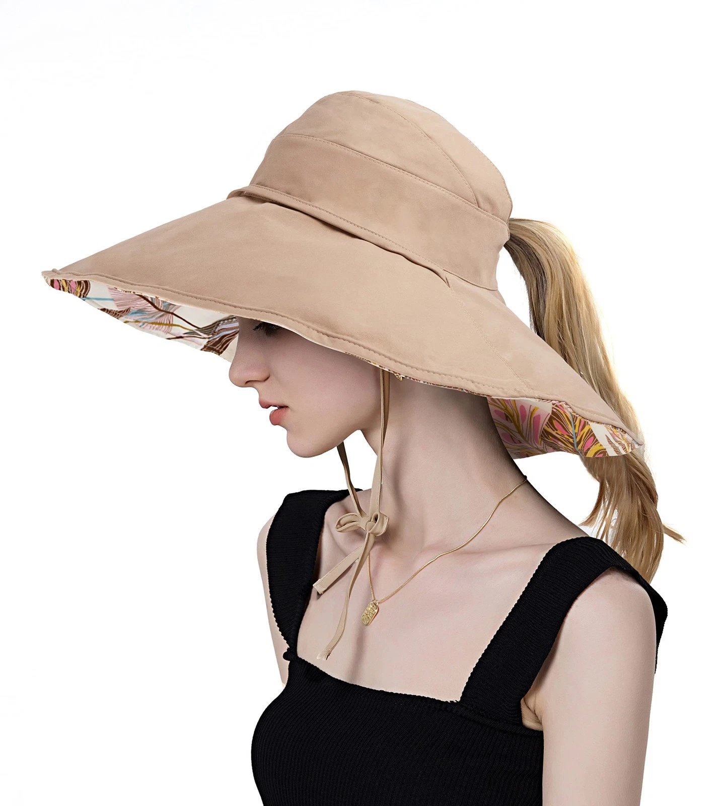 Women Ponytail Sun Hat Reversible Fishing Foldable Bowknot UPF 50+ Beach Bucket