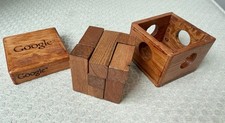 Rare Vintage GOOGLE Wooden Burr Puzzle Box Promotional Swag Brain Teaser 3”