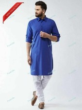 Mens Kurta Plain Traditional Shirts Top Shirt Solid Mens Wear Cotton Blue Kurta