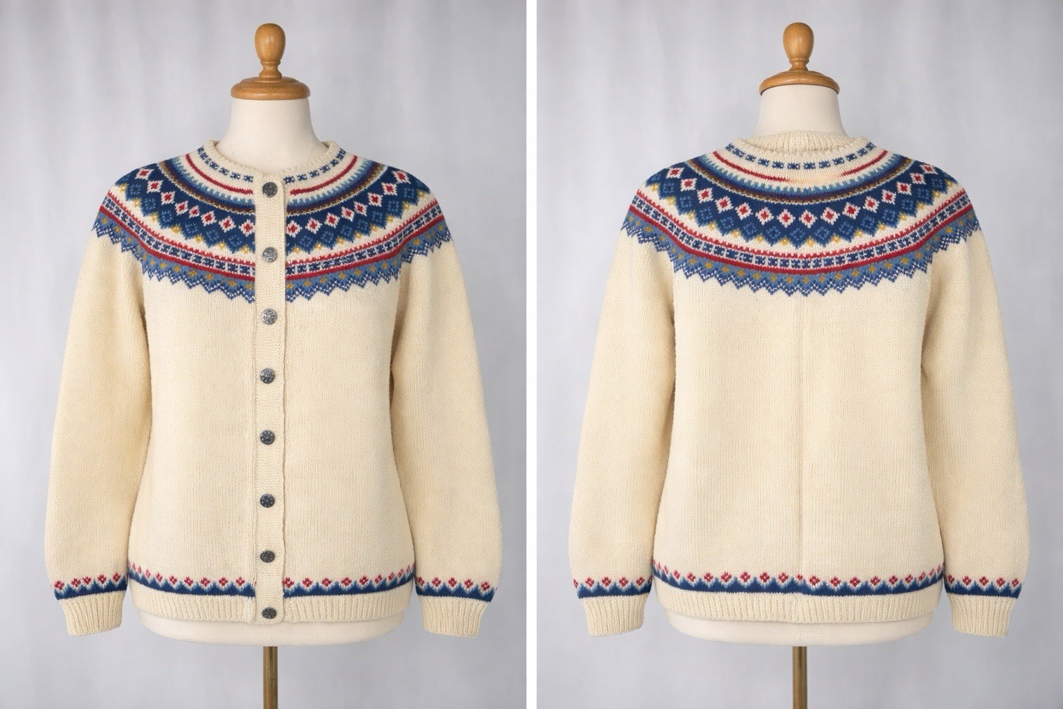 Handmade Norway 100% Wool Nordic Fair Isle Cardigan Sweater Cream Pewter Button
