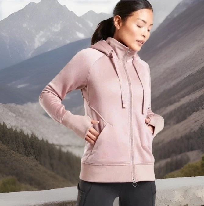 Athleta Women’s Small Hoodie Jacket Triumph Luxe Shine Sherpa Lined Mauve Pink