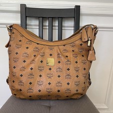 MCM Brown Visetos Logo Shoulder Bag Purse Gold Hardware Zip Authentic Pre-loved