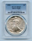 1991 $1 American Silver Eagle 1 Oz MS69 PCGS