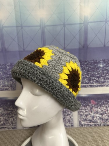 Crochet Granny Square Beanie Knit Hat Cap Sunflower Floral Handmade Never Worn - Picture 2 of 11