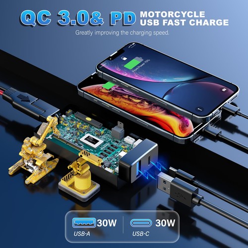 Motorcycle Phone Charger, Total 60W 6.8A Dual USB Type C PD & QC 3.0 Motorcyc... - 第 2/9 張圖片