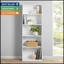 5 Shelf Bookcase White with Adjustable Shelves for Home Office Storage