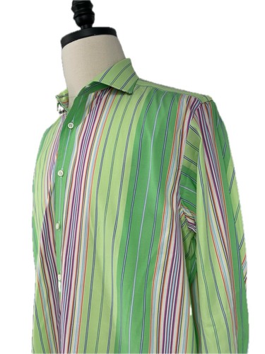 Ralph Lauren Purple Label Green Multicolor Stripe Cotton Shirt 17 XL Long Sleeve - Picture 4 of 10