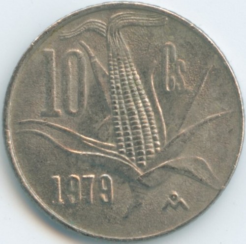 Mexico 1979 Mo 10 Centavos KM#434.4 Cu-Ni Eagle Snake Cactus Ear of Corn - Picture 2 of 4
